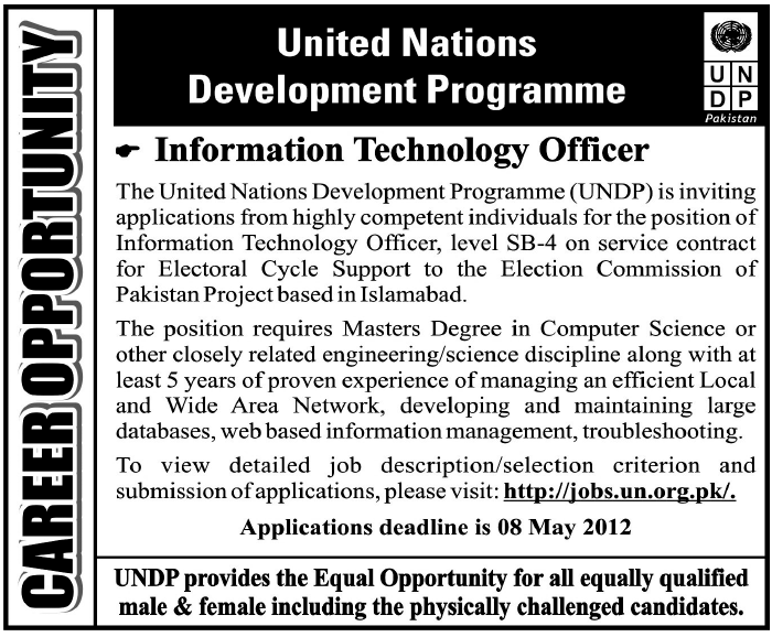 UNDP (United Nations Jobs) Requires Information Technology Officer in Islamabad, The News on 27